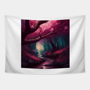 Cherry Blossom Forest with Gentle Stream Tapestry