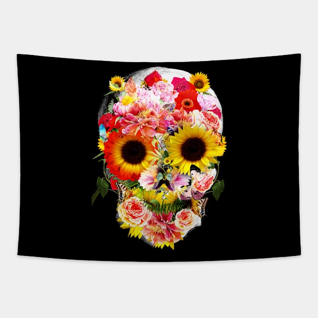 Sage Tribe Skull With sunflowers Tapestry by Collagedream