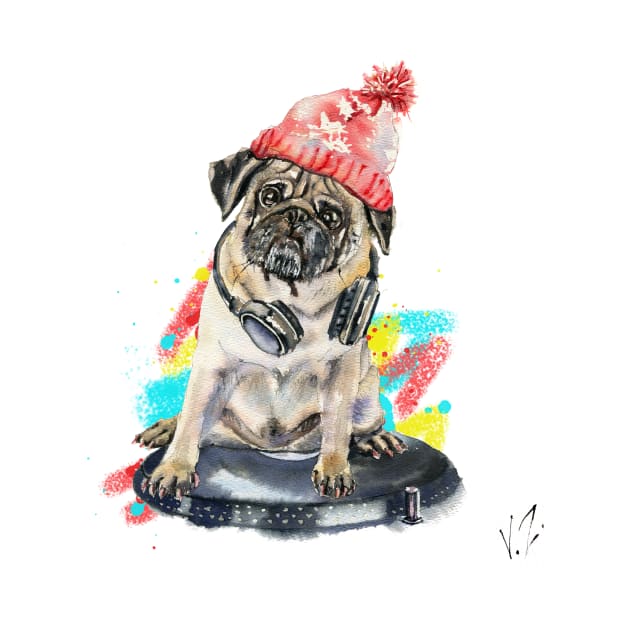 DJ pug dog in a red hat with ones and twos by victoriazavyalova_art