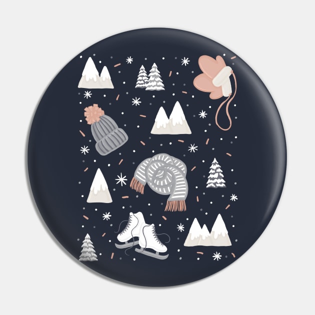 Wrap Up Warm Knitwear Ice-Skates Mountain Trees Cute Winter Pattern Digital Illustration Pin by AlmightyClaire