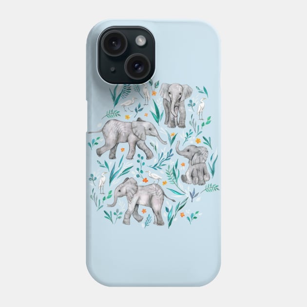 Baby Elephants and Egrets in Watercolor - egg shell blue Phone Case by micklyn