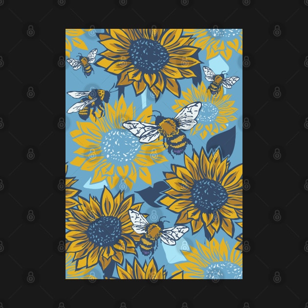 Sunflowers and Busy Bees Linoprint pattern by NattyDesigns