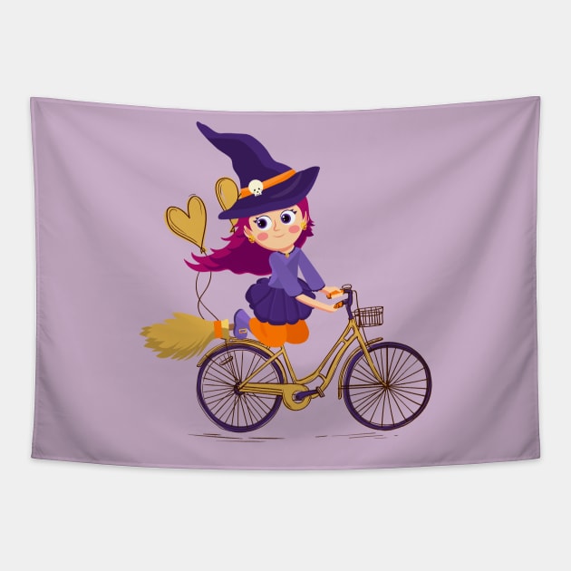 Cute Witch Riding Bike, Cycling Witch , Cyclist Witch, Biker Witch, Rider Witch, Funny Halloween Pun For Cyclist and Cycling Lovers Tapestry by BicycleStuff