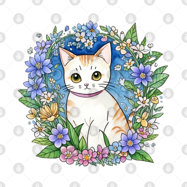 Kawaii Floral Cat by PlayfulPrints