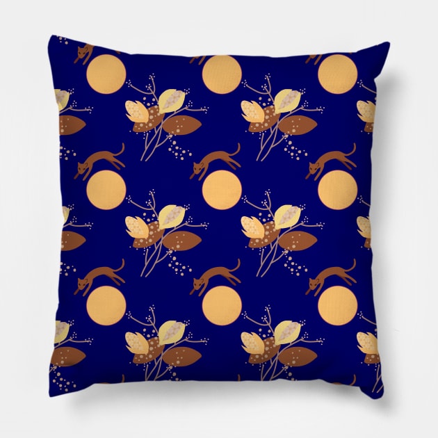 A cat flying over the moon and garden Pillow by Amalus-files