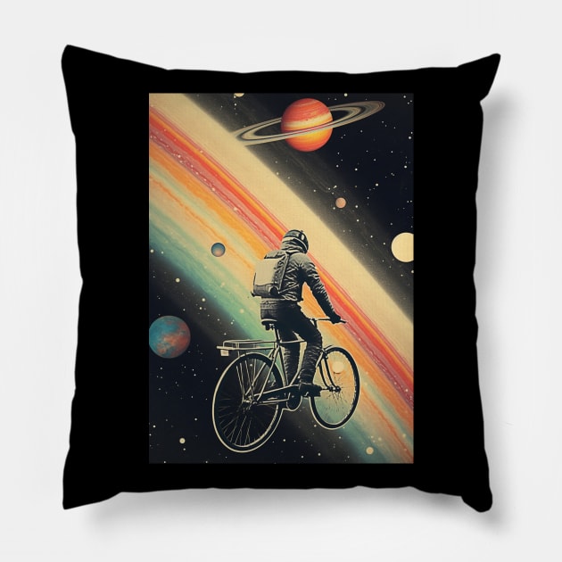 Astronaut Riding a Bicycle in Space Vintage Art Pillow by Art-Jiyuu