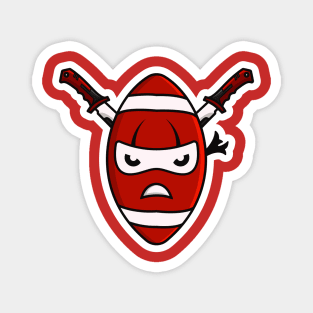 Rugby Ball Ninja with Swords Sticker design vector illustration. Sports object icon concept. Ninja mascot with American football sticker design icons logo with shadow. Magnet