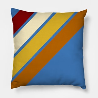 Retro, Vintage Diagonal Stripe Pattern, Crimson, Cream, Yellow, and Orange On Blue Pillow