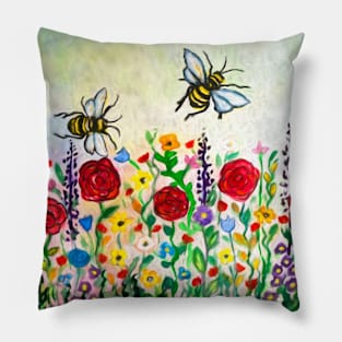 Summer meadow flowers and bees watercolor Pillow