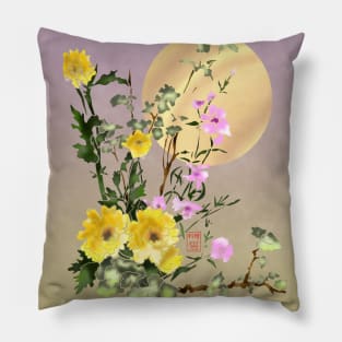 yellow watercolor sumiE flowers with a big sun Pillow