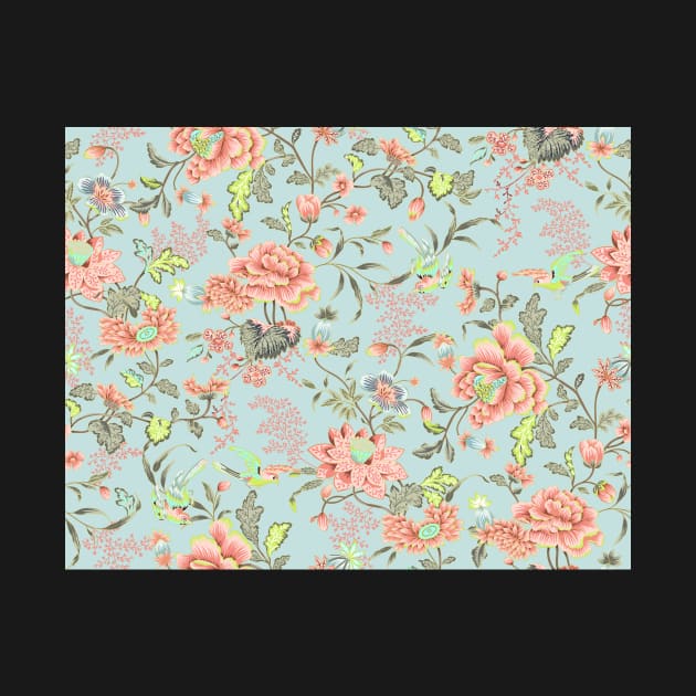 Oriental Elegant Birds and Flowers Pink Teal Pattern by Blue Planet Boutique