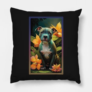 American Staffordshire Terrier Pitbull Vibrant Tropical Flower Tall Digital Oil Painting Portrait  2 Pillow