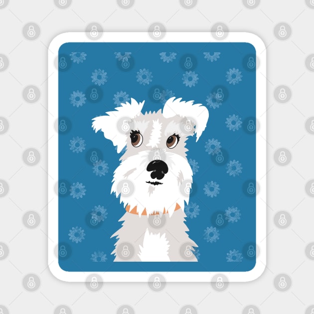 White Miniature Schnauzer Dog with Blue Daisies Magnet by NattyDesigns