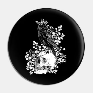 Black raven with skull and crow, skeleton eucaliptus leaves, black and white Pin