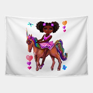 Princess ballerina on a unicorn Afro hair Melanin black African American girl Tapestry