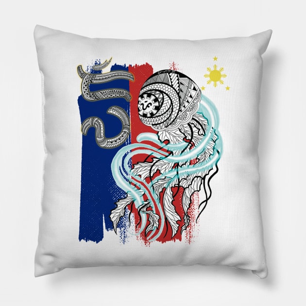 Philippine Flag-Tribal line Art Jellyfish / Baybayin word Diwa (Consciousness) Pillow by Pirma Pinas