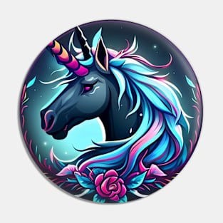 Floral Rose Midnight Unicorn Face Pin