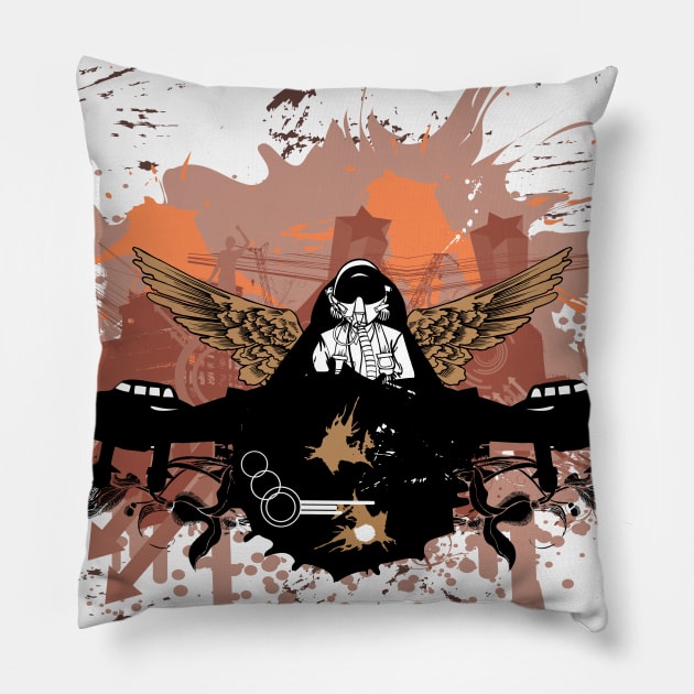 Graffiti layout, man wearing a gas mask and angel wings, splattered paint, dirty patterns, arrows, stars, geometric shapes and abstract decorations Pillow by aldyfmsh