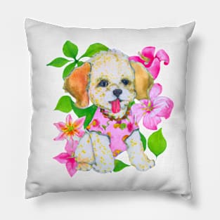 Cute puppy sitting in flower bush Pillow