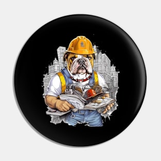 Accountant English Bulldog t-shirt design, a bulldog wearing a hard hat and holding a blueprint Pin