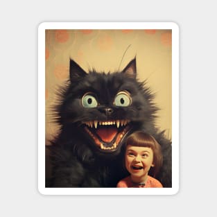 Vintage Little Girl and Creepy Cat - Enchanting Retro Art Magnet