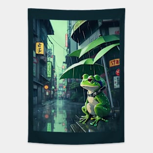 3D Art Frog in Japan Street Kawaii Lofi rain Tapestry