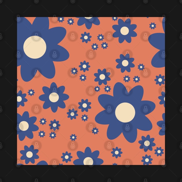 Retro style simple daisy flower in denim blue, zesty orange and off white by FrancesPoff