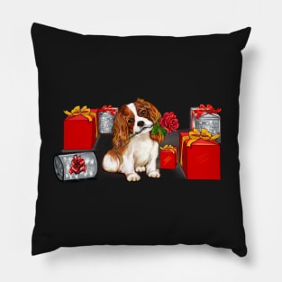 Cavoodle puppy dog with rose in its mouth surrounded by gifts. Especially for you Pillow