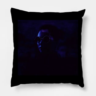 Beautiful girl with round glasses. Dark, like in night dream. Very dim, blue. Pillow