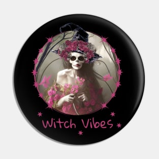 Good Witch and flowers in dark forest for cute Halloween,scary, spooky gothic floral lady Pin