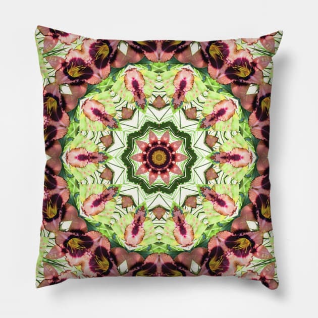 Mandala Kaleidoscope in Water Color Look Shades of Greens and Reds Pillow by Crystal Butterfly Creations