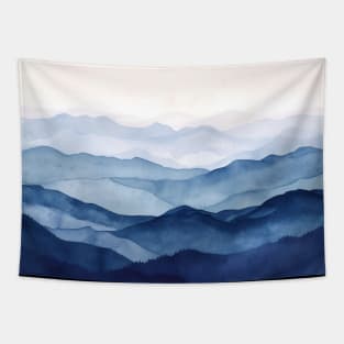 Blue Misty Mountains Watercolor Indigo Tapestry