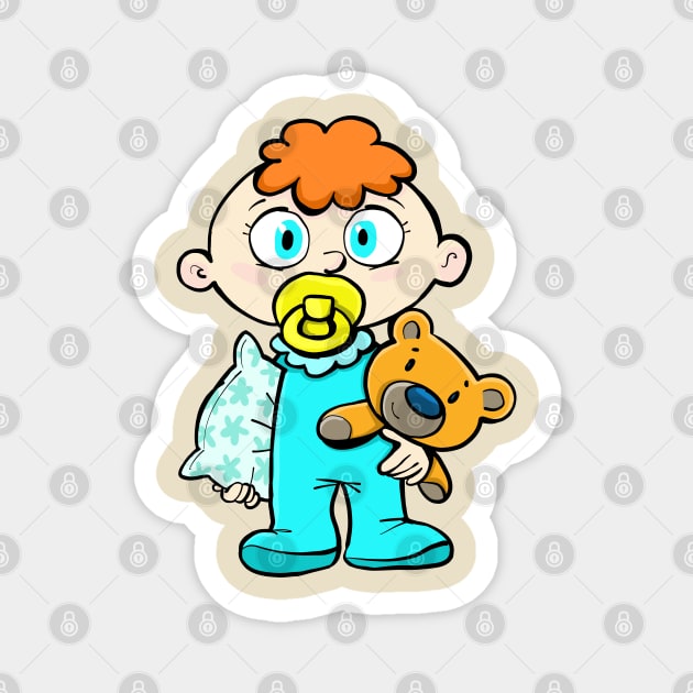 baby boy who can't sleep is holding a pillow and a teddy bear Magnet by duxpavlic