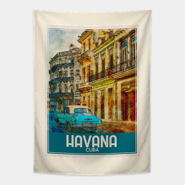 Havana Cuba Travel Art Tapestry by faagrafica