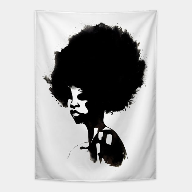 Afro hair woman, ink brush painting Tapestry by Ravenglow