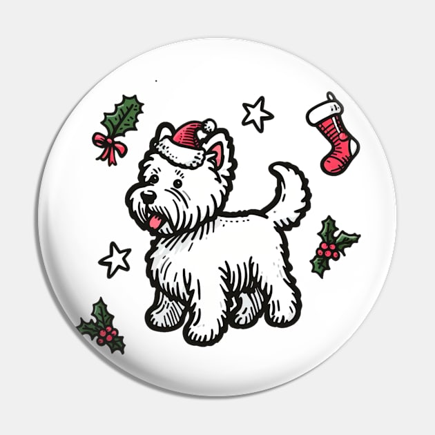 Westie Christmas Design - West Highland Terrier Santa Hat - Cartoon Dog Holiday Drawing Pin by Star Fragment Designs