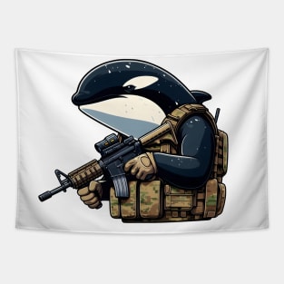Tactical Orca Majesty Tee: Where Strength Meets Oceanic Elegance Tapestry