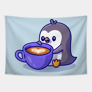 Cute Penguin Drinking Coffee Cartoon Tapestry