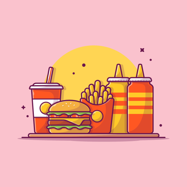 Burger, French fries And Soft Drink With Mustard And Sauce Cartoon by Catalyst Labs