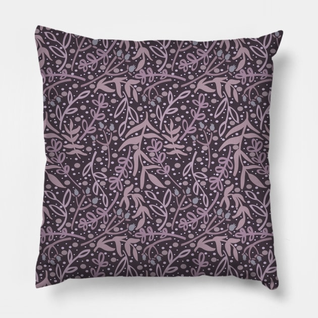 Botanicals and Dots - Hand Drawn Design -Purple, Mauve, Slate Grey Pillow by GenAumonier