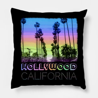 Hollywood, California Palm Trees neon sunset retro design Pillow