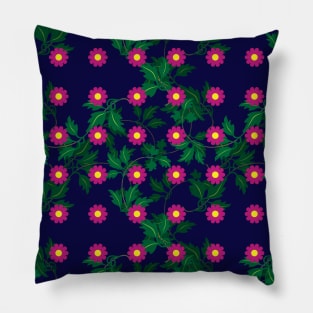 Cerise daisies with Yellow centres over layers of vine leaves on a Navy Blue background Pillow