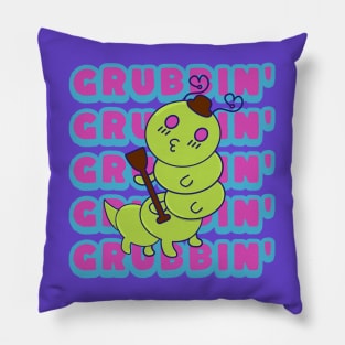 Grubbin', Funny Kawaii Cute Caterpillar, Funny Word Play Grub Pillow