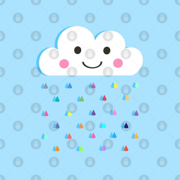 Rainbow Raindrops, Happy Rain Cloud, on Blue by OneThreeSix