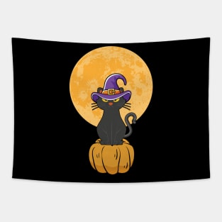 Halloween Black Cat On Pumpkin Full Moon Tapestry