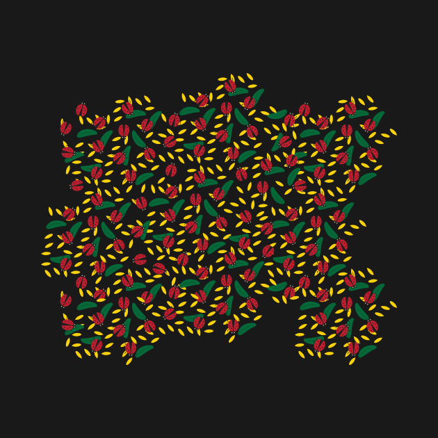 Red Black Ladybug and Green Yellow Leaves Pattern by sigdesign