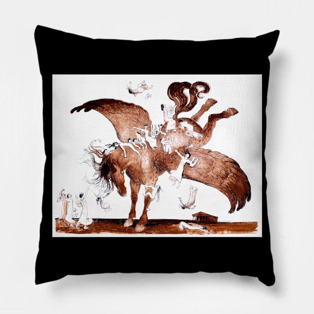 Women Playing Harps Climbing Pegasus the Winged Horse 1910 Jean Veber Pillow by rocketshipretro