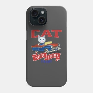 Humor funny white kitty cat driving a vintage classic car to a retro parade with red white and blue flags Phone Case