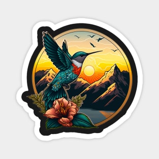 Hummingbird with setting sun and mountain flowers Magnet