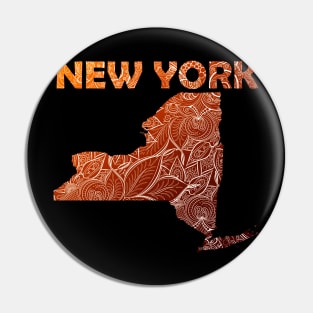 Colorful mandala art map of New York with text in brown and orange Pin